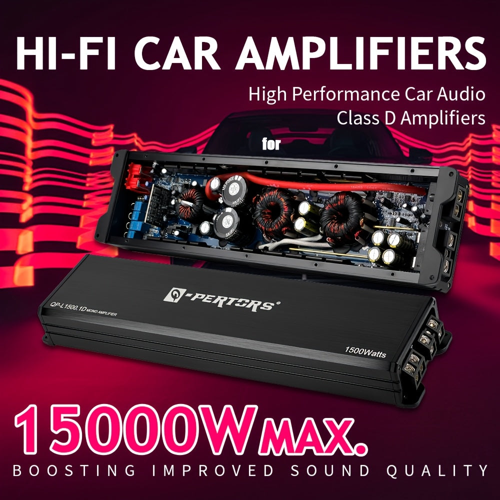 MAX.15000W Compact Class D Automotive Single-Channel Car Amplifier | 1/2/4 Ohm Stable, Heat Dissipation Design, RMS 1500W*1 Ohm, Bridgeable, Efficient Circuit Design, Optimized Sound Quality, Enhanced Bass Effect, 12V Car Power Amplifier