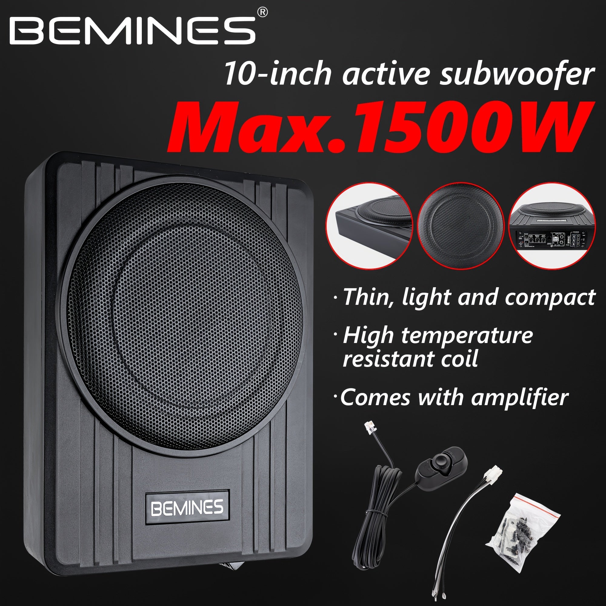 105C 1500w 10" Car Under Seat Subwoofer System, Ultra-thin Body Power Hi-fi Audio Processor, Car Under Seat Subwoofer System