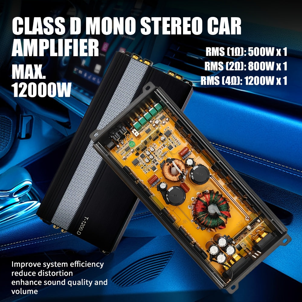 MAX. 12000W High-Power Car Amplifier, RMS. 1200W Class D Single Channel, with High-Efficiency Heatsink, Enhanced Subwoofer Sound Quality, Car Audio Amplifier