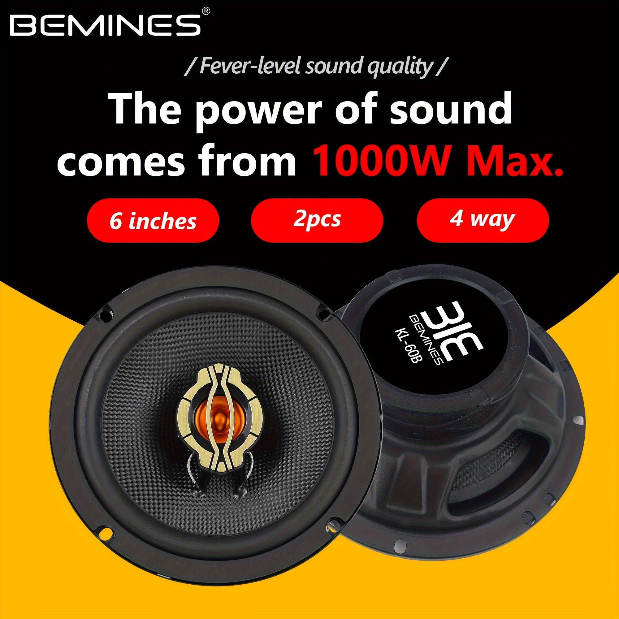 KL-60B Car Audio Set Speaker, Car Audio 6.5 Inch Coaxial Speaker High School Bass, MAX1000W4 Ohm Car Speaker, a Pair