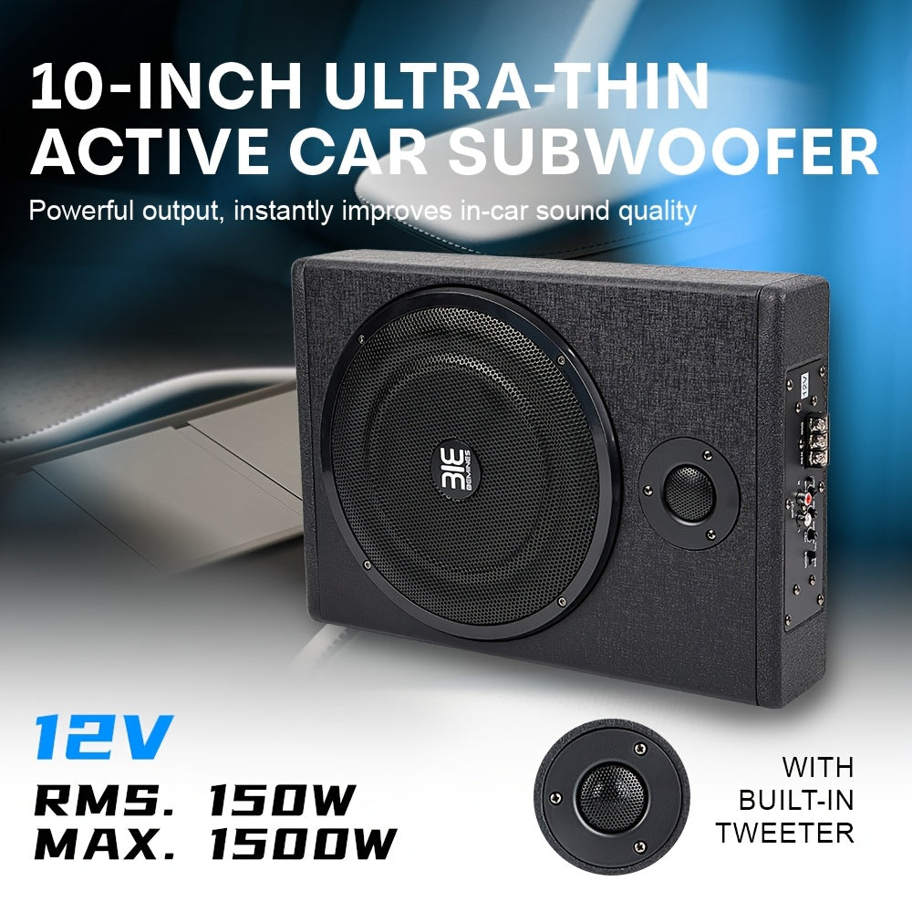 10-inch Ultra-Thin Car Subwoofer, MAX. 1500W Car Seat Subwoofer, Vehicle Active Subwoofer with Amplifier Board, Enhances and Improves Sound Quality, Car Modification Subwoofer, Can Be Placed Under Car Seats