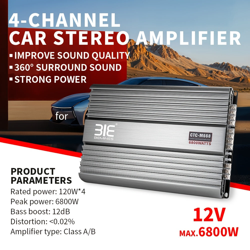 MAX.6800W Car Class A/B 4-channel Car Amplifier, 12V Stereo Audio Amplifier, Large Heat Dissipation Performance, Strong Power, Enhanced Bass Effect, the Main Four Door Speakers, Enhance Your Driving Experience with Quality Sound