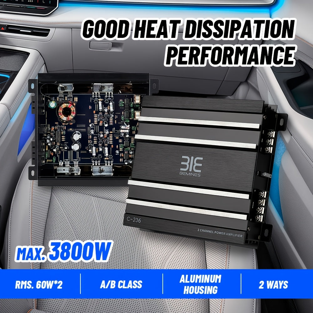 Class A/B 2-channel Car Power Amplifier MAX.3800W | High Power, 12V Stereo Audio Amplifier, Excellent Heat Dissipation, Sound Quality Improvement, Aluminum Alloy, Universal Fit, Bemines Brand
